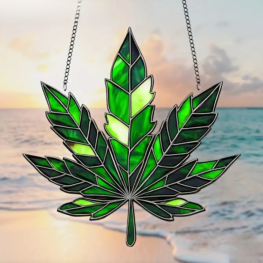 Cannabis or Maple leaf Emerald Green  Art Suncatcher with Geometric Design